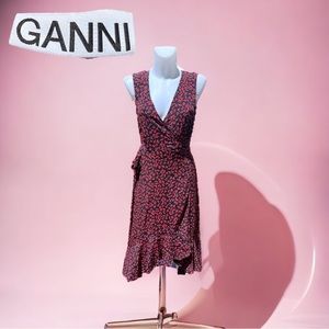 GANNI Red & Black Floral Logo Print High Low Wrap Dress Sz 34